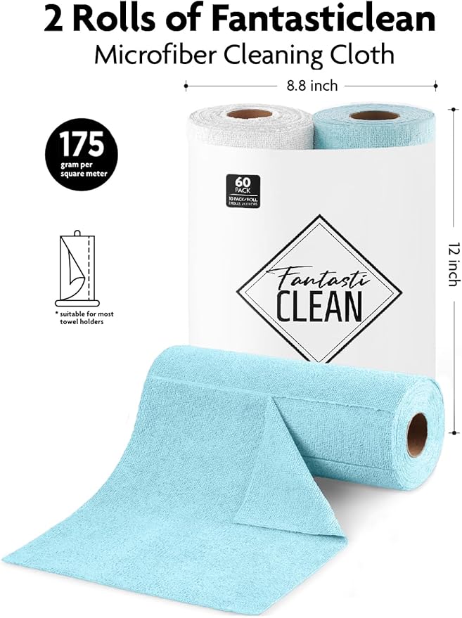 Fantasticlean Microfiber Cleaning Cloth Roll -60 Pack, Tear Away Microfiber Towels, 12" x 12", Reusable, Washable, Scratch Free, Ultra Absorbent Dish Rags for Car, Home, Garage or Shop (White & Blue)-DeskLoop Office