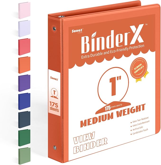 BinderX Extra Durable 3 Ring Binder, Round Rings 1 Inch Binder, Fits 175 Sheets by Sooez