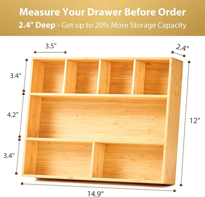 Umilife Large Bamboo Desk Drawer Organizer, Wood Office Junk Tray - Image 4