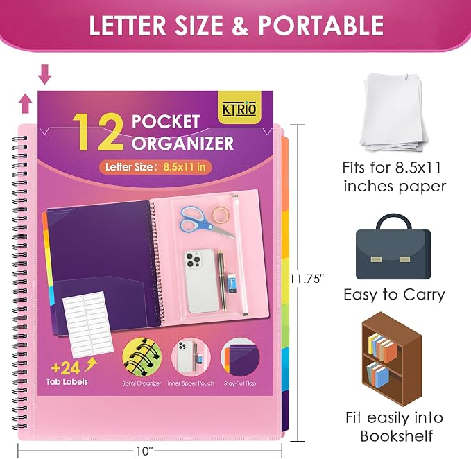 KTRIO 12 Pocket Project Organizer, Letter Size Spiral Binder, Letter Size Fit - Image 4