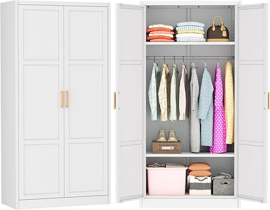 Greenvelly Metal Storage Wardrobe Cabinet, 72" White Metal Wardrobe Closet for Hanging Clothes with Doors and Shelves, Modern Steel Clothes Closet for Home, Office and Bedroom, School,Gym-DeskLoop Office