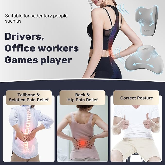 Coverado Lumbar Support and Car Neck Pillow, Ergonomic Memory Foam Desk Chair Cushion and Headrest Pillow for Car Office Chair, Sciatica & Neck & Tailbone Cushion-Black&Gray-DeskLoop Office