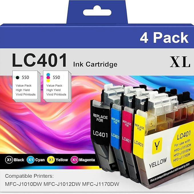 LC401XL Ink Cartridges Compatible for Brother Ink Cartridges LC401 XL Use for MFC-J1010DW MFC-J1012DW MFC-J1170DW MFC-J1800DW (Black Cyan Magenta Yellow, 4 Pack)-DeskLoop Office