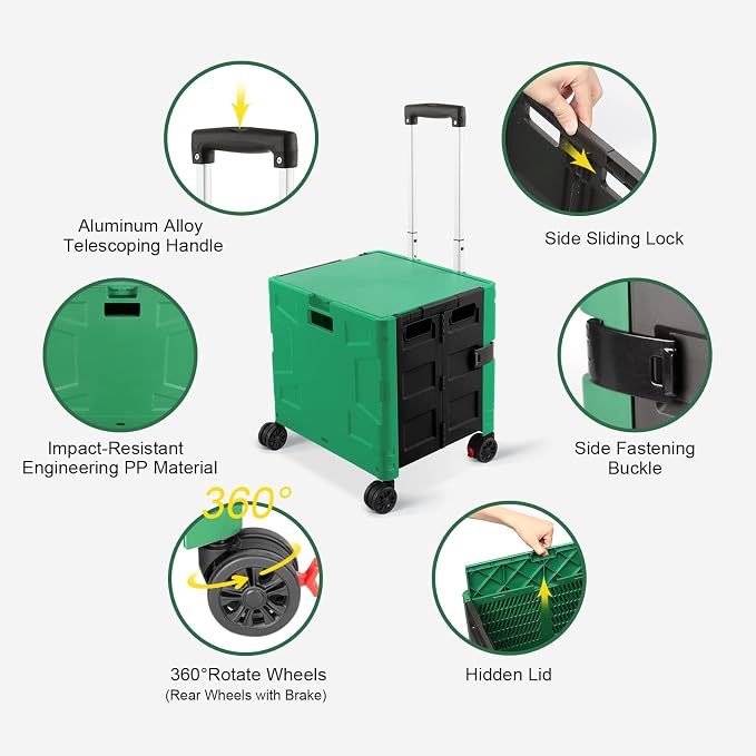 FELICON Folding Utility Cart Rolling Crate Handcart Basket-Dark Green+Black | - Image 2