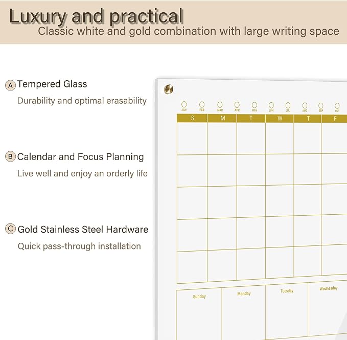 Glass 3-1 Golden Monthly Dry Erase Calendar Whiteboard - Image 4