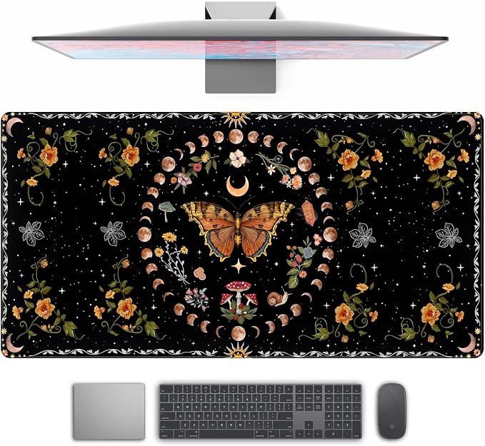 Moth Desk Pad Mushroom Phase Moon Phase Desk Mat, Boho Flowers and Leaves by TENG+DA+QING