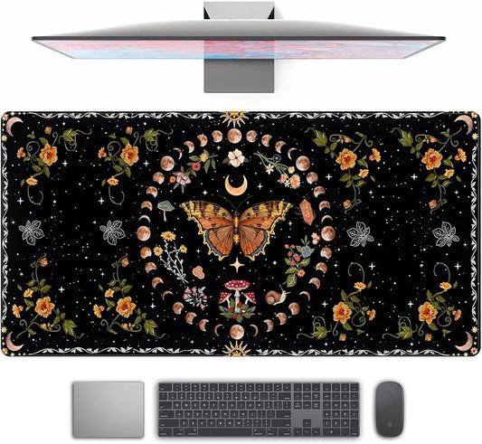 Moth Desk Pad Mushroom Phase Moon Phase Desk Mat, Boho Flowers and Leaves by TENG+DA+QING