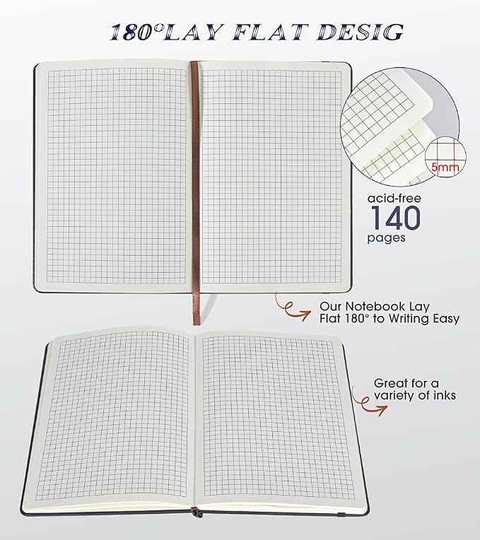 Biuwory A5 Hardcover Graph Paper Notebook, Grid Leather Journal - Image 5