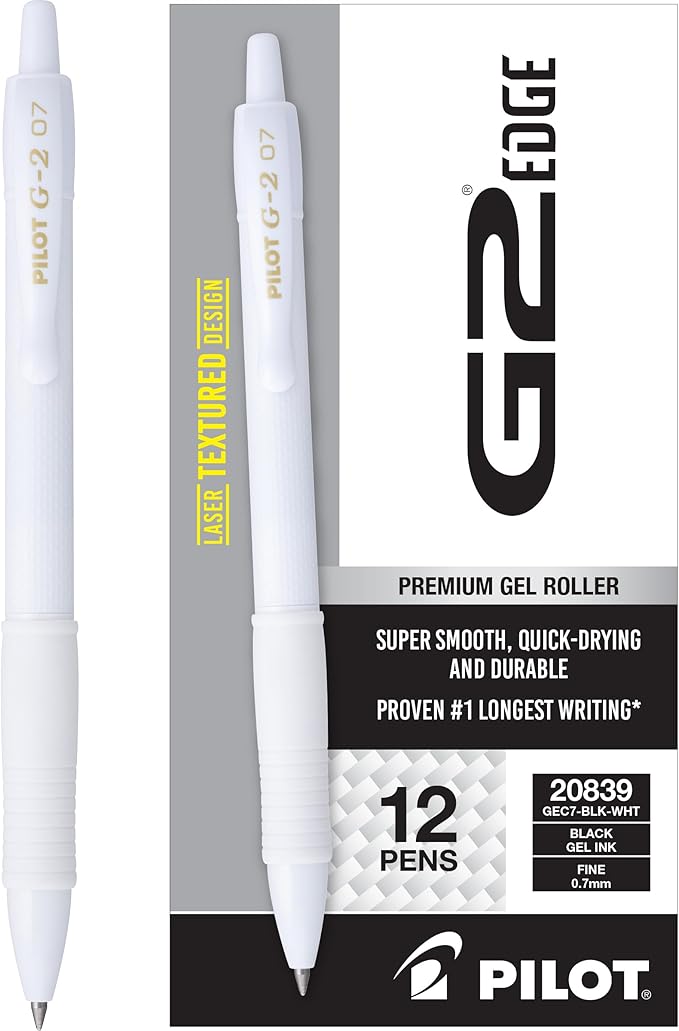 PILOT, G2 Premium Gel Roller Pens, G2 Edge White, Sensory Writing Experience, 12ct box, Fine Point 0.7 mm-DeskLoop Office