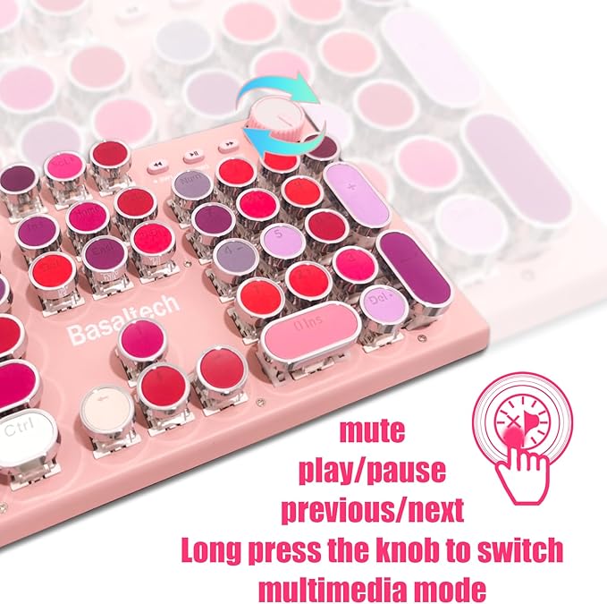 Basaltech Pink Keyboard Typewriter Style with White LED Backlight,Vintage Mechanical Gaming Keyboards with Lipstick Round Keycaps, Blue Switches 104-Keys Wired Keyboard Metal Panel for Laptop/pc-DeskLoop Office
