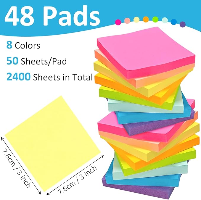 48 Pack 2400 Sheets Sticky Notes 3x3 Inches Bulk Colored Posted Notes 8 Colors Notes Stickies Note Pads for Office, School, and Home Supplies, 50 Sheets/pad-DeskLoop Office