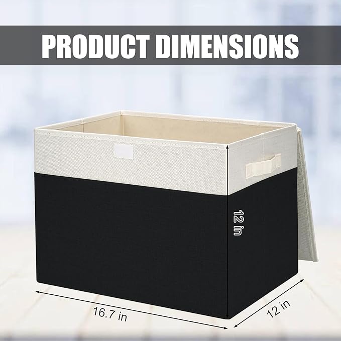 Large 17" 42 Quarts Collapsible Stackable Storage Bins with Lids [3-Pack] Foldable Fabric Linen Storage Boxes Cube, Closet Organizer Baskets with Label for Home (16.7 x 12 x 12", Black & White)-DeskLoop Office