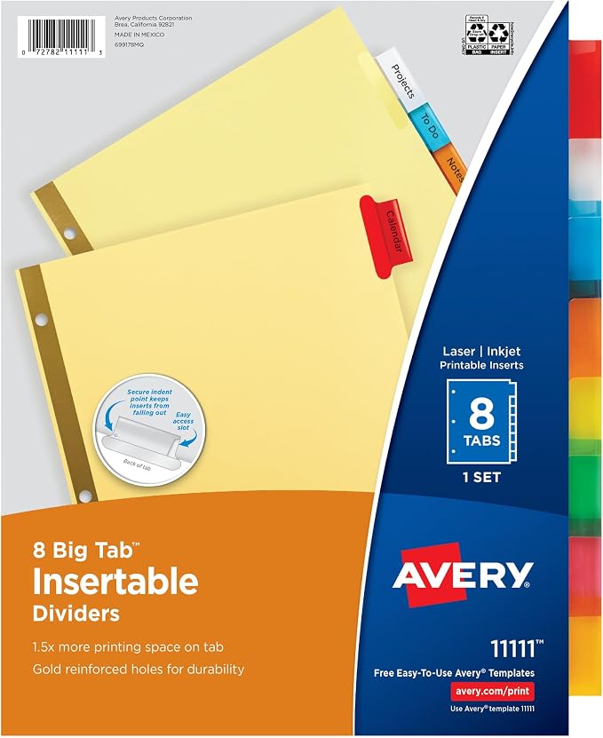 Avery Insertable Dividers for 3 Ring Binders, 8 Tabs per Set, Buff Paper by Avery