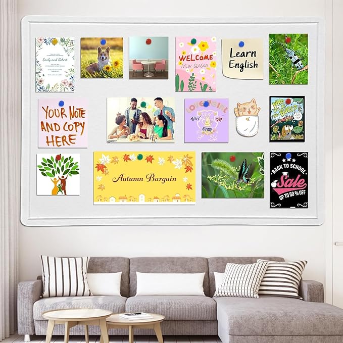 Large Bulletin Board, 48 X 36 inches Felt Board Notice Pin Board,4' x 3' Cork Board Alternative for Wall, Self-Adhesive Vision Board Mood Board Foldable Photo Board with 30 Pushpin-Warm White-DeskLoop Office