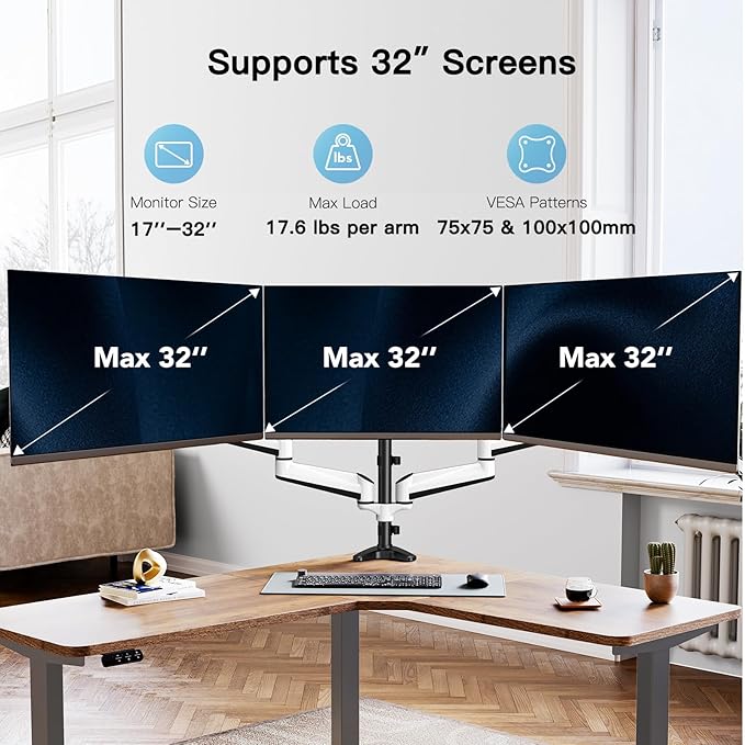 HUANUO Triple Monitor Stand - Full Motion Articulating Gas Spring Monitor Mount Fit Three 17 to 32 inch LCD Computer Screens with Clamp, Grommet Kit-DeskLoop Office
