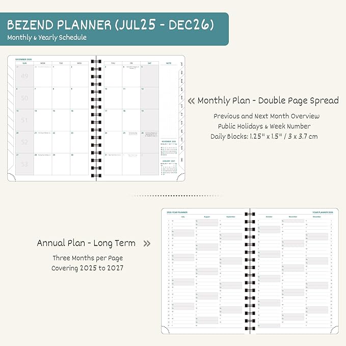 BEZEND Planner 2025-2026 Weekly and Monthly, 5.8" x 8.5" Academic Calendar (Jul 25-Dec 26) Vertical Daily Appointment with Hourly Timeslot & Monthly Tab, Spiral, PU Leather Softcover - Kiwi-DeskLoop Office