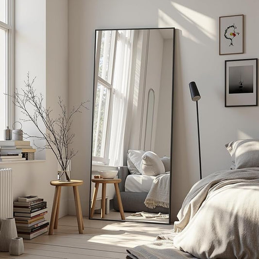 Full Length Mirror, 58"x21" Oversized Floor Mirror Freestanding, Full Body Mirror Floor Standing Mirrors with Stand, Hanging Mounted Mirrors for Bedroom Living Room, Black, Rect Style-DeskLoop Office