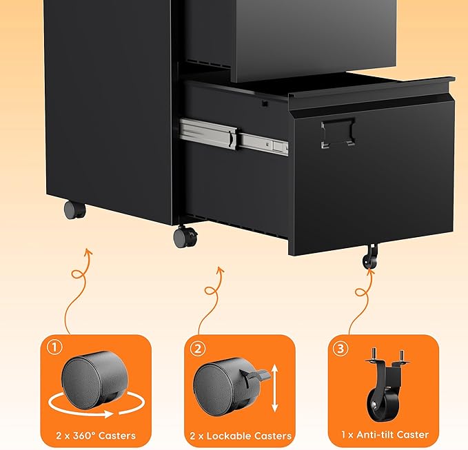 2 Drawers Mobile File Cabinet, Metal Under Desk Cabinet with Lock, for Office & Home, Legal/Letter Size, W14.57”x D17.36”x H25.79”, Assembly Required-DeskLoop Office