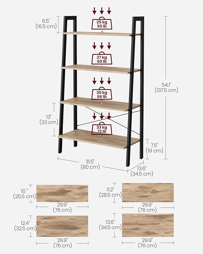 VASAGLE Ladder Shelf, 4-Tier Bookshelf, Storage Rack, Bookcase with Steel Frame, for Living Room, Home Office, Kitchen, Bedroom, Industrial Style, Camel Brown and Ink Black ULLS144B50-DeskLoop Office