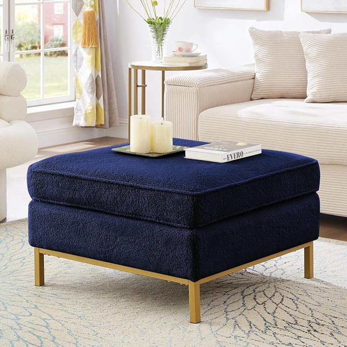 24KF Large Square Couch Ottoman for Living Room, Upholstered Teddy Fabric Padded Cushion Ottoman Table,Large Foot Rest,5088-Teddy Navy-DeskLoop Office
