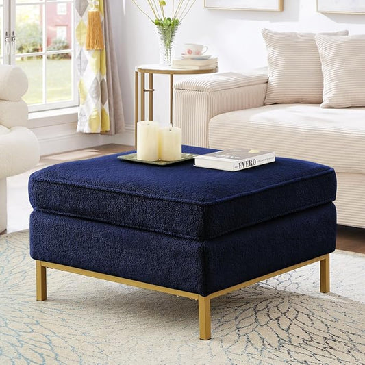 24KF Large Square Couch Ottoman for Living Room, Upholstered Teddy Fabric Padded Cushion Ottoman Table,Large Foot Rest,5088-Teddy Navy-DeskLoop Office