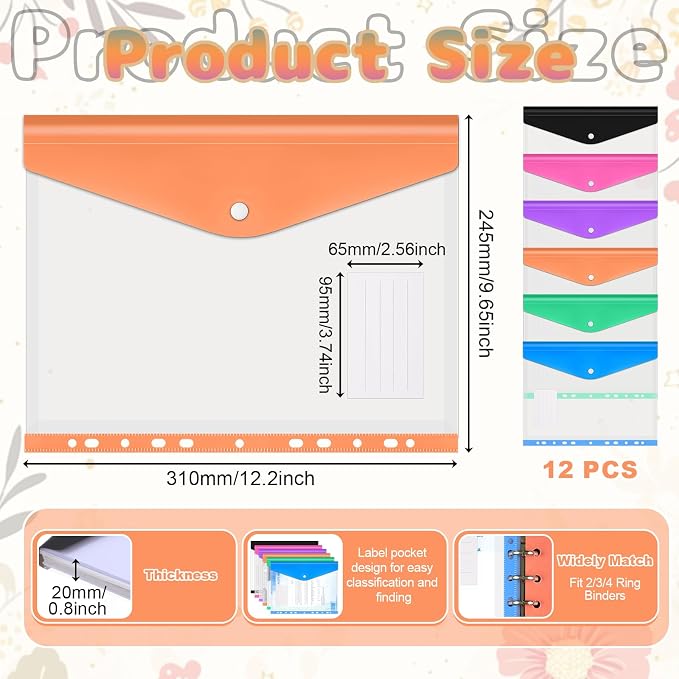 12 Pack Colorful Binder Pocket Bulk, Plastic Envelopes Binder Folders - Image 2