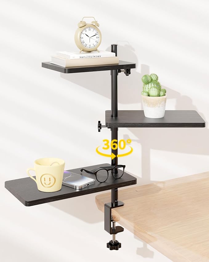 3 Tiers Clamp On Desk Shelf, 360° Angle Adjustable Desktop Shelf Organizer - Image 3