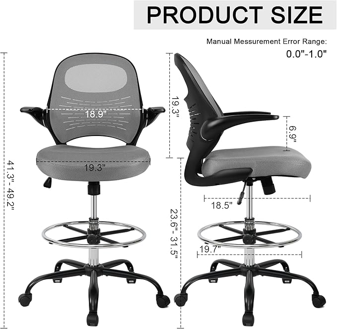 HYLONE Tall Drafting Chair Standing Desk Chair with Flip-Up Armrests, Adjustable Height Ergonomic Office Chair with Footrest Ring - High Stool Chair for Standing Desk（Grey）-DeskLoop Office