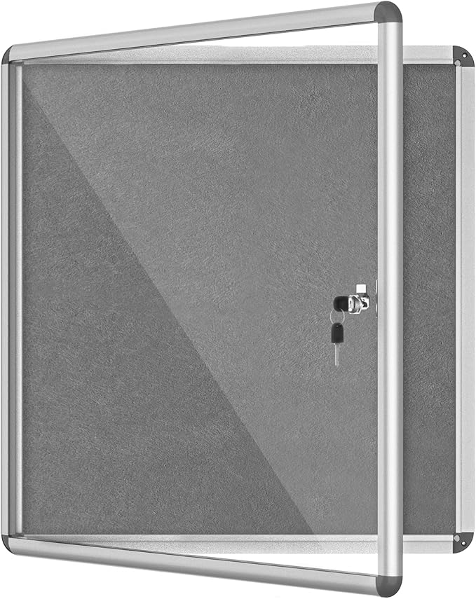 28"x26" Enclosed Bulletin Board, Lockable Weather-Resistant Aluminum Cork Noticeboard for School & Office, Silver Frame w/Grey Flet-DeskLoop Office
