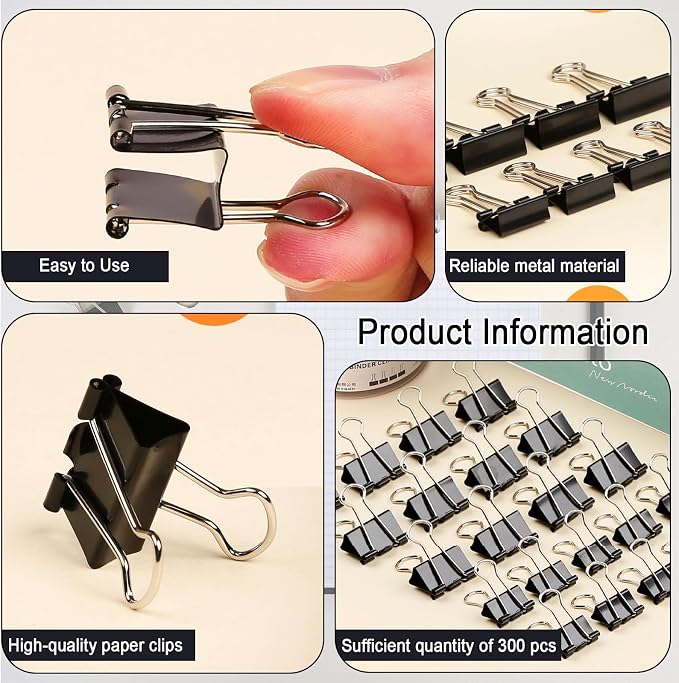 300Pcs Assorted Binder Clips Bulk Black Metal Paper Office Supplies - Image 5