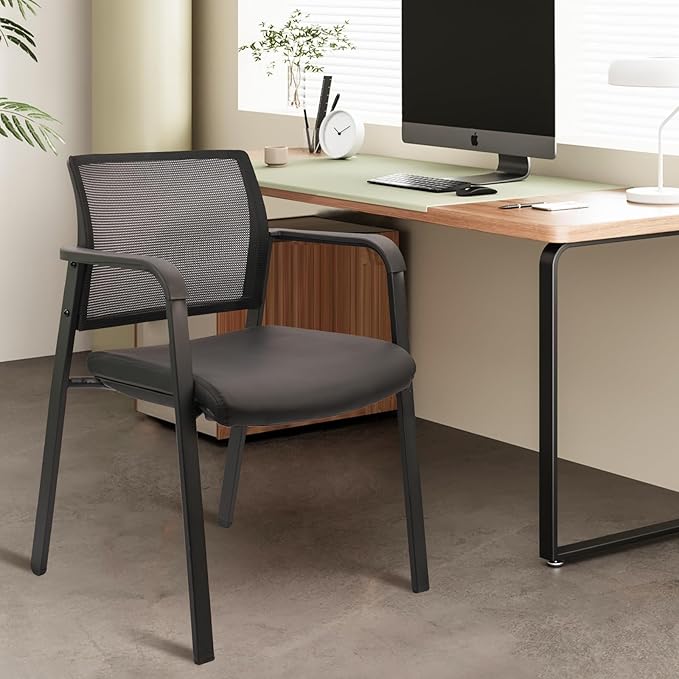 CLATINA Stackable Office Chair, Mesh Back Guest Chairs with Comfortable Leather Seat Arms Stacking Ergonomic Desk Chair No Wheels for Conference Waiting Reception School Stationary, Black, Set of 2-DeskLoop Office
