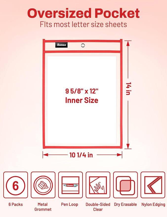 SUNEE 6 Packs Oversized Reusable Dry Erase Pocket Sleeves - Image 2