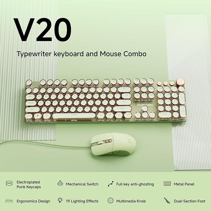 EWEADN Wired Typewriterkeyboard and Mouse Combo, Typewriter Style Mechanical Gaming Keyboard,104 Keys Backlit LED Keyboards, Media Control Knob, Wired Keyboard Pink Switch for Windows/Mac/PC-Green-DeskLoop Office