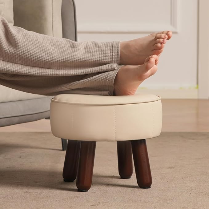 13in Small Foot Stool Ottoman, Round Faux Leather Foot Rest for Couch, Under Desk Pouf Footstool Footrest with Non-Skid Rubber Legs for Ling Room, Bedroom, 13''L x 13''W x 10.2''H, Beige-DeskLoop Office