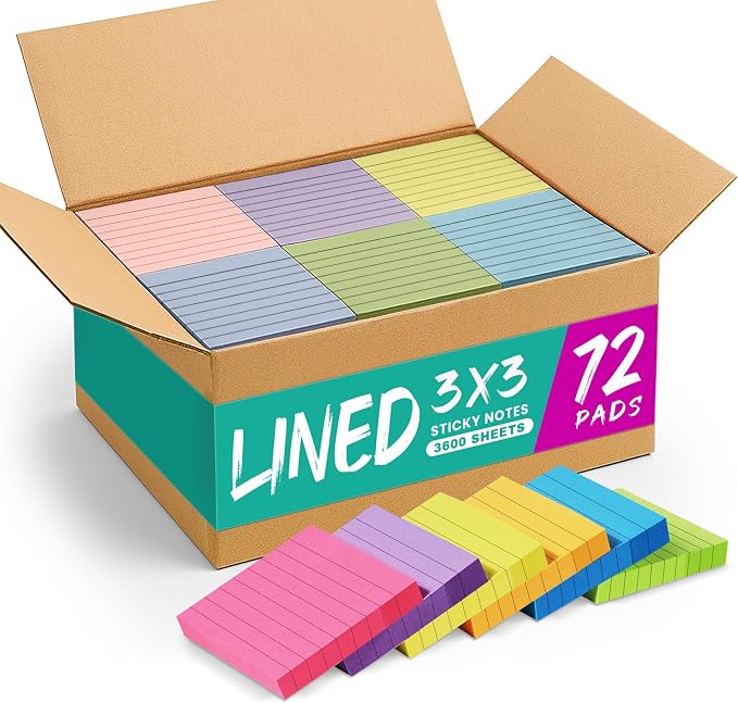 Lined Sticky Notes, 3x3 Inches, 72 pad, Self-Stick Note Pads by Taja