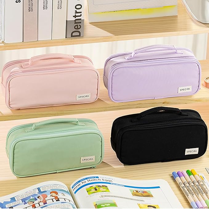 MAMUNU Pencil Case Large Capacity with 3 Compartments, Pencil Case Pouch Bag with Zipper Handle Portable Pen Stationery Organizer for Teen Girls Adults College School Office Travel, Pink-DeskLoop Office