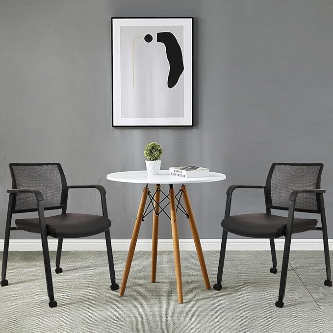 CLATINA Stacking Office Chair with Wheels, Mesh Back Waiting Room Guest Chairs with Arms Comfortable Leather Cushion Stackable Desk Chair for Conference Reception School Side Stationary, Black, 8 PK-DeskLoop Office