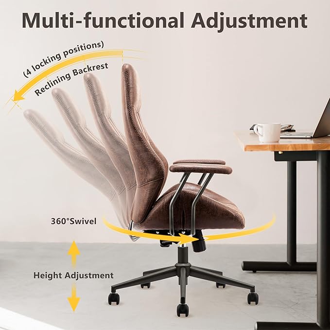 Mid Century Modren Office Chair - High Back Swivel Executive Chair with Lumbar Support,Ergonomic Computer Desk Chair with Wheels,Faux Lether Suede Task Chair,350lbs(Dark Brown, High Back)-DeskLoop Office