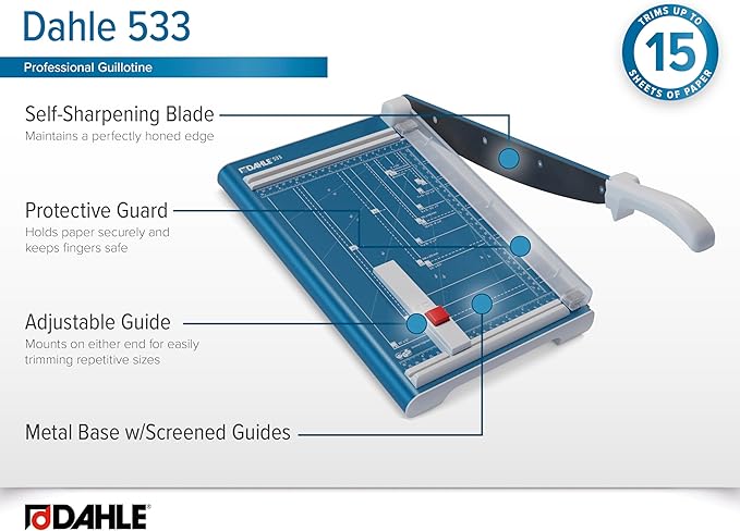 Dahle 533 Professional Guillotine Trimmer, 13" Cut Length, 15 Sheet Capacity, Self-Sharpening, Manual Clamp, German Engineered Paper Cutter-DeskLoop Office