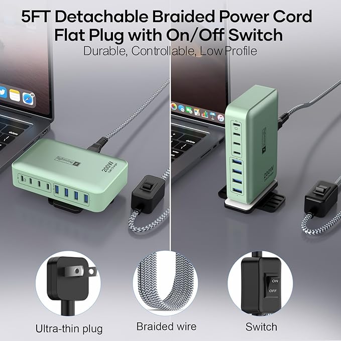 8-Port Multiple Charger Station 200W with Flat Plug, Braided Power Cord, and On/Off Switch- USB Charging Hub for iPhone, iPad, MacBook and More- 65W C Port Power Adapter for Laptops-DeskLoop Office