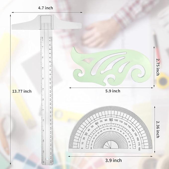 Frienda 5 Pieces Drafting Tools 12 Inch T-Square Ruler Plastic Transparent Drawing Ruler 180 Degree Protractor, 2 Triangles and a French Curve for Students and Engineering Drawing-DeskLoop Office