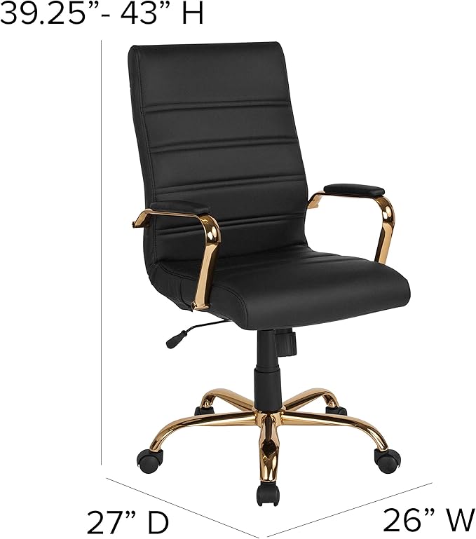 Flash Furniture Whitney High-Back Swivel LeatherSoft Desk Chair with Padded Seat and Armrests, Adjustable Height Padded Office Chair, Black/Gold-DeskLoop Office