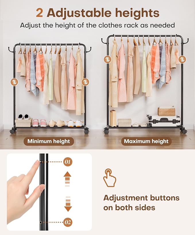 Homde Heavy Duty Clothes Rack: 120lb Standing Garment Storage for Indoor - Rolling Hanging Rod for Bedroom Laundry Room - Coat Dress Organizer on Wheels with luggage shelf (Black，46")-DeskLoop Office