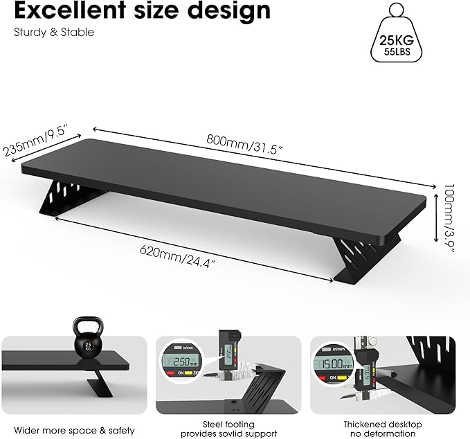 Fenge Monitor Stand Riser, Desk Top Shelf for 2 Monitors, Computer Stands for Desk, Wood & Steel Desktop Riser for Laptop, PC, Printer