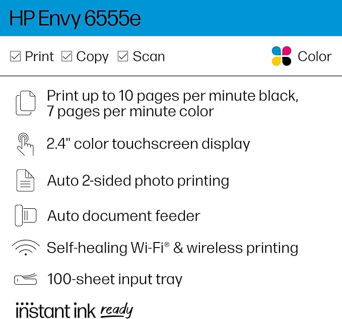 HP Envy 6555e Wireless All-in-One Color Inkjet Printer, Print, scan, Copy, Duplex Printing Best-for-Home, 3 month Instant Ink trial included (714N5A)-DeskLoop Office