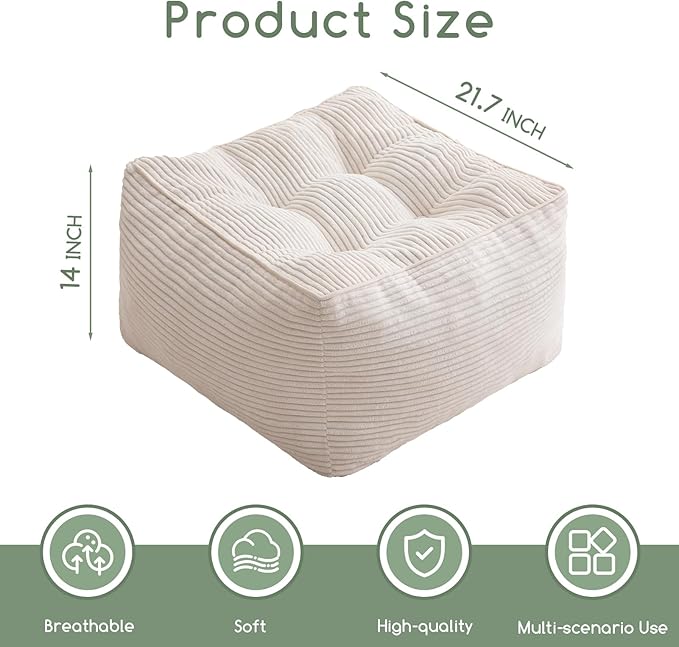 HIGOGOGO Square Stuffed Pouf Ottoman, Corduroy Poufs with Foam Chunk Filling, Furry and Fluffy Pouf Foot Stool Storage Ottoman, 21 X 21 Floor Poufs Foot Rest for Living Room, Beige-DeskLoop Office