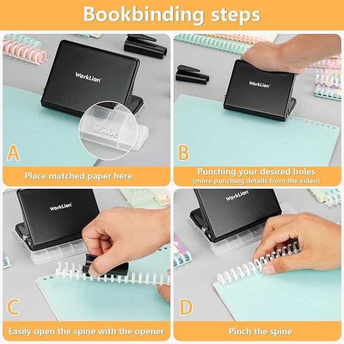 Binding Machine for Planner： WORKLION Metal 10 Hole Punch&Multi Color 30 Hole Loose Leaf Binder Rings(10 pcs) for Making 26 Holes on B5 Paper, 30 Holes on A4, 20 Holes on A5 Book, Black-DeskLoop Office