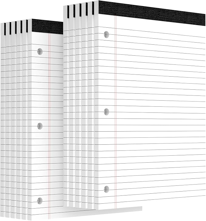 3 Hole Legal Pad 8.5 x 11, 12 Pack White Note Pads, Notebook Paper Wide Ruled by Glyanlee