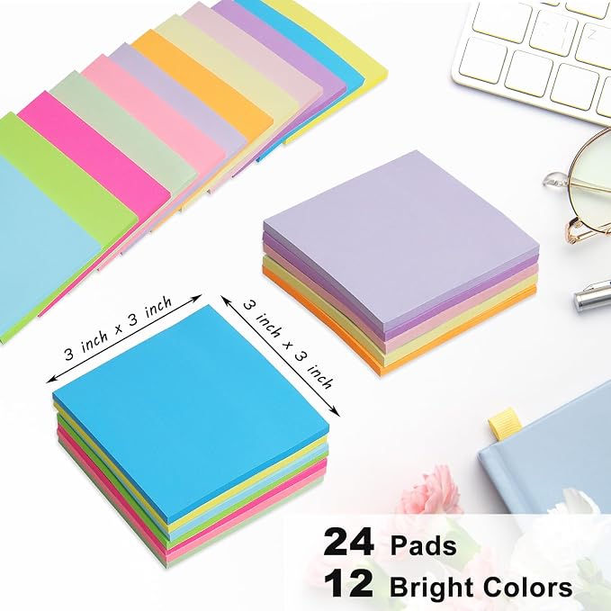 Sticky Notes 3x3 in Post, 12 Bright Colors Sticky Note Self-Stick Notes Pads - Image 2