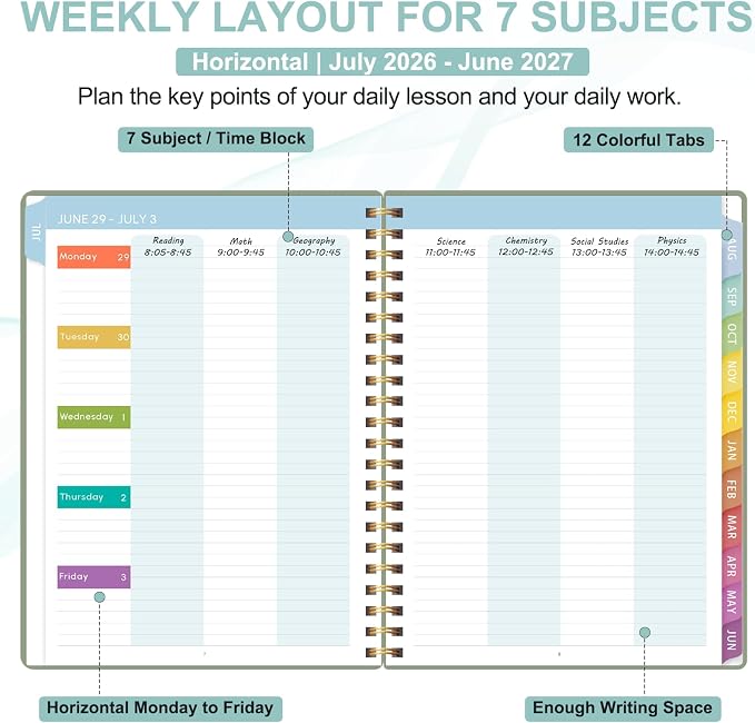 Teacher Planner 2026-2027, 7 Period Lesson Plan Book, 8.5" x 11" | July - Image 3